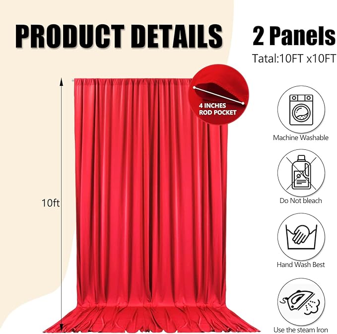 10ft x 10ft Red Backdrop Curtains for Parties, Fabric Satin Background Curtain with Rod Pockets for Weddings, Birthday, Baby Shower, Photography, Graduation Party Backdrop Drapes, 2 Panels
