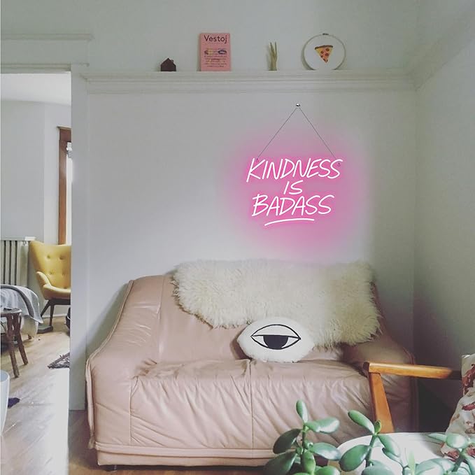 KINDNESS IS BADASS Neon Sign – Pink LED Wall Light, Inspirational Neon Word Sign for Bedroom, Dorm, Living Room, Office & Gift Décor