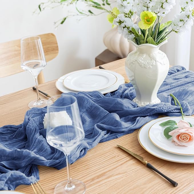 Asee'm 2pcs Cheesecloth Table Runner 120 Inches Long Blue Boho Gauze Cheese Cloth Runner 10FT Rustic Sheer Table Runners for Christmas Wedding Party Baby Shower Spring Easter Decoration