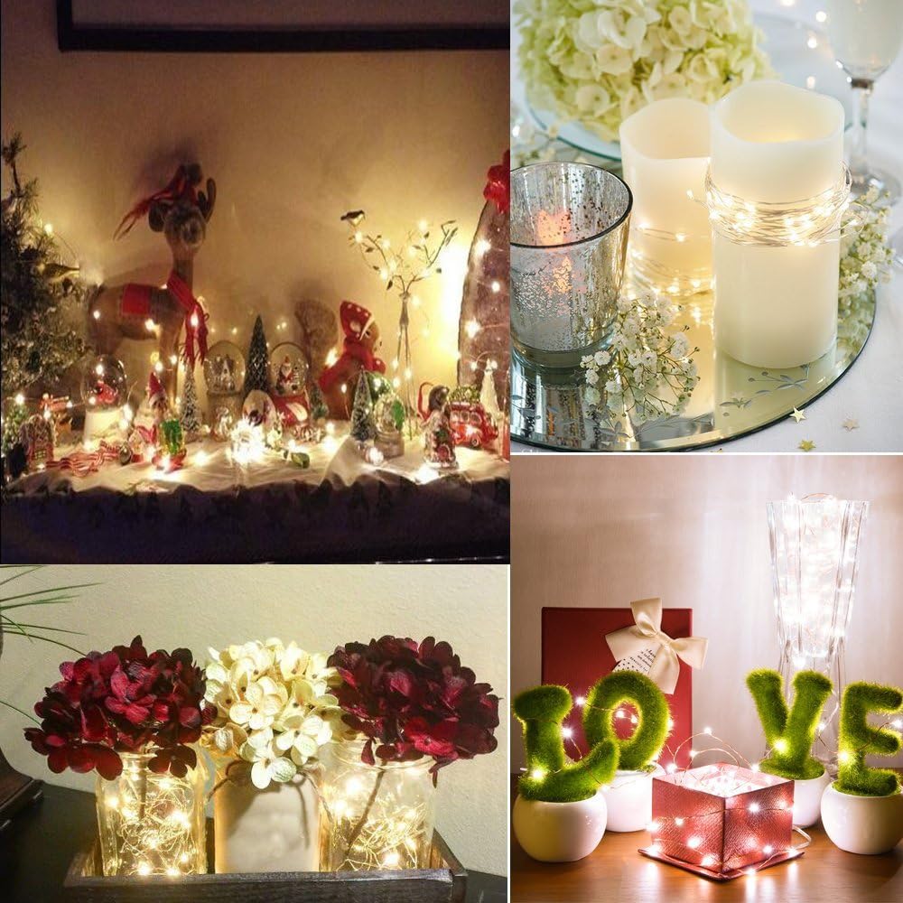 2 x Fairy Lights Battery Operated, 8 Mode 50 LEDs Remote & Timer Warm White | Silver Wire Chains 16.4Ft,LED String Lights Waterproof Battery Box for Bedroom, Wedding, Party,Christmas Decorations