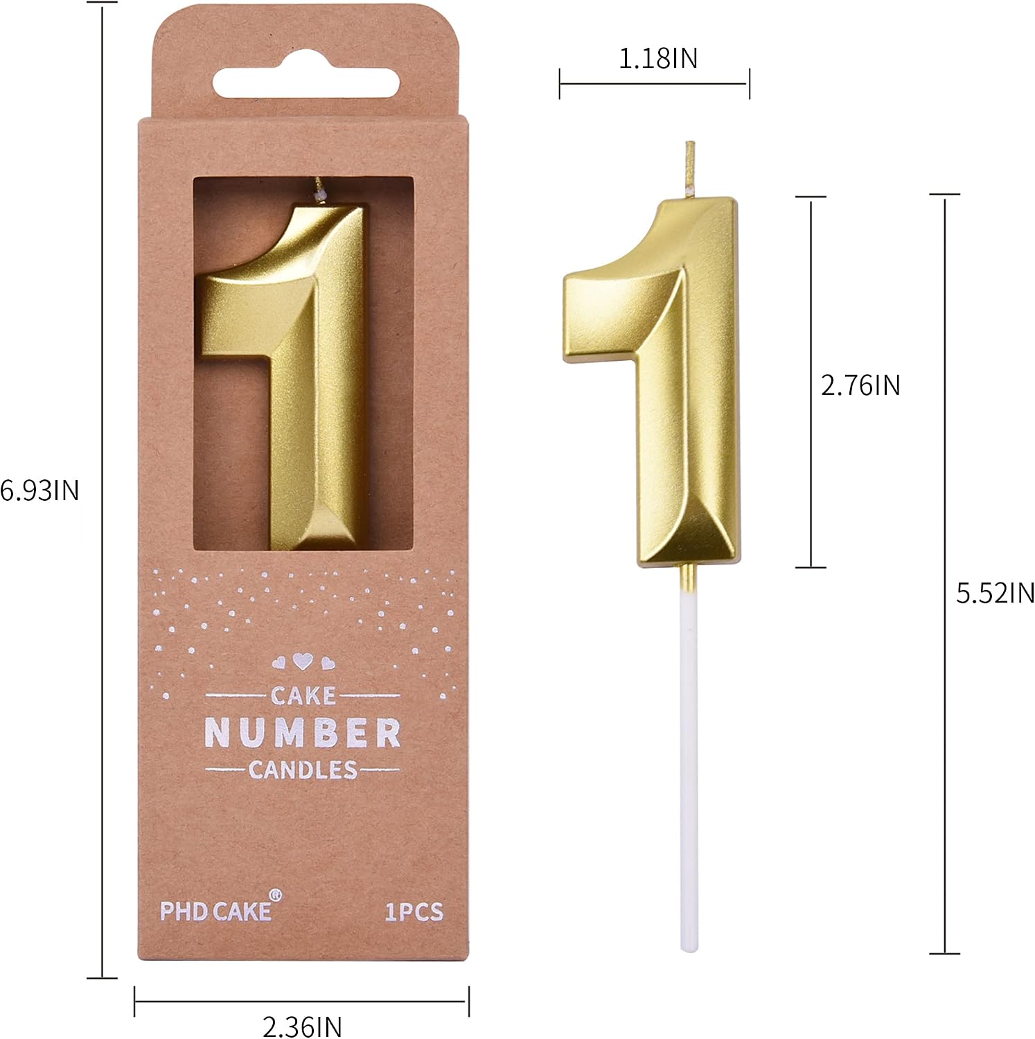 PHD CAKE 2.76 Inch Diamond Gold 1 Number Birthday Candles, Gold Number Candles, Cake Number Candles, Party Celebration