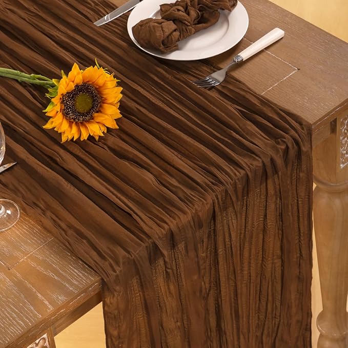 Brown Cheesecloth Table Runner Tan 4 Pack Fall Table Runners Boho Gauze 120 Inches Marron Cheese Cloth Fall Table Decorations for Thanksgiving Wedding Bridal Baby Shower Tea Party Decor