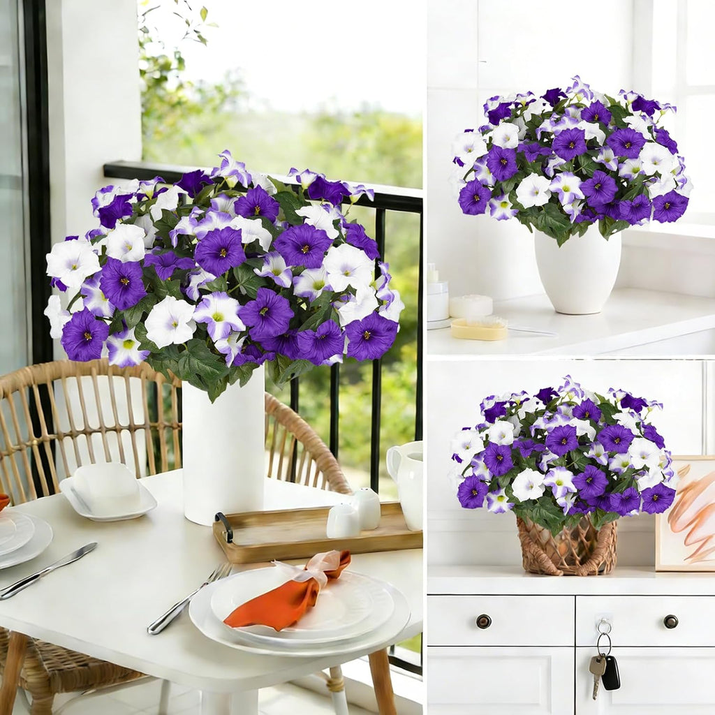 Artificial Flowers for Outdoors, Faux Petunias Spring Summer Decoration, Fake Flowers Plants UV Resistant Look Real Silk Flowers for Outside Planter Front Door Porch Patio Yard (6, Purple-White)