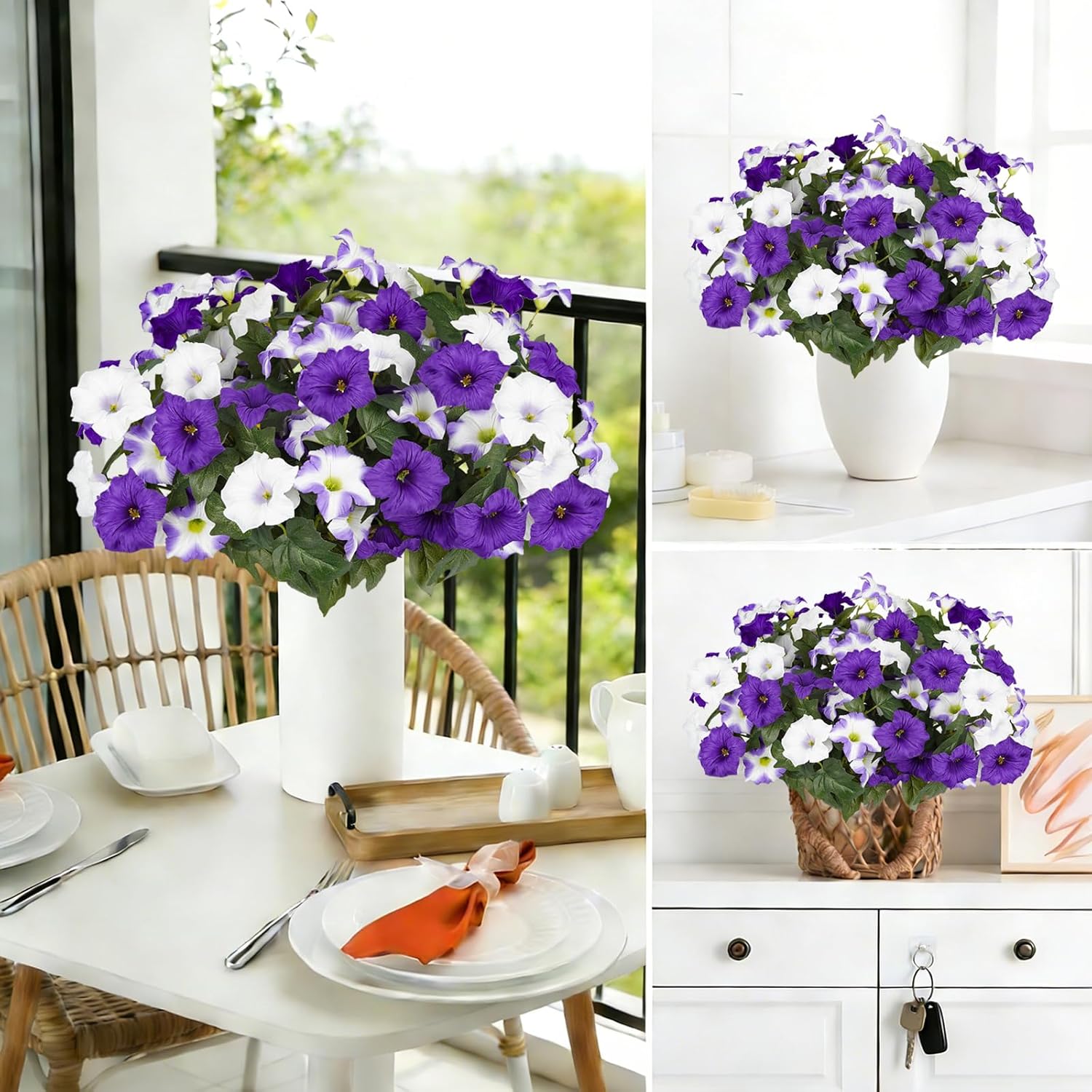 Artificial Flowers for Outdoors, Faux Petunias Spring Summer Decoration, Fake Flowers Plants UV Resistant Look Real Silk Flowers for Outside Planter Front Door Porch Patio Yard (6, Purple-White)