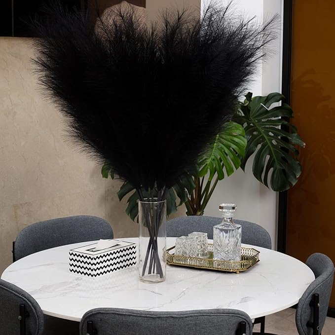 Faux Pampas Grass 6 Stems, Artificial Pampas Grass - 43 inch Total Extra Large Pompass Grass Tall Pompous Boho Flower Arrangement and Floor Vase Filler Home Decor for Room Wedding Party (Black)
