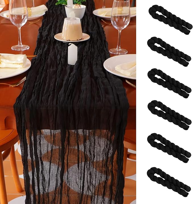 Snowkingdom 6PCS 13 Ft Black Cheesecloth Table Runner, 160 inch Long Cheese Cloth Boho Gauze Runners for Wedding Bridal Baby Shower Birthday Holiday Party Halloween Table Decorations