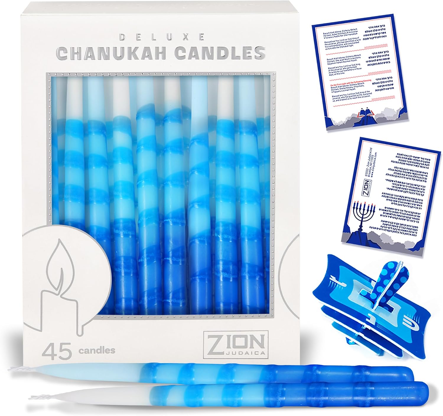 Zion Judaica Deluxe Chanukah Candles Set of 45 Ombre Blue and White Hanukkah Menorah Candles with Pop-Out Dreidel and Blessings Card