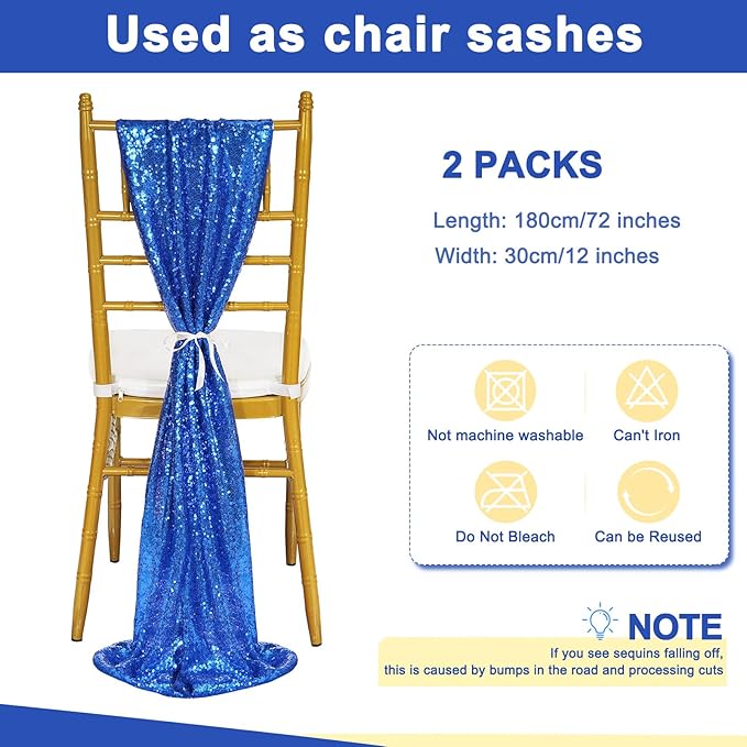 Sequin Table Runners 2 Pieces Royal Blue Table Runners 12x72 Inch Glitter Dining Table Cover for Party Wedding Birthday Reception Banquet Decoration Spring Party Chair Sashes