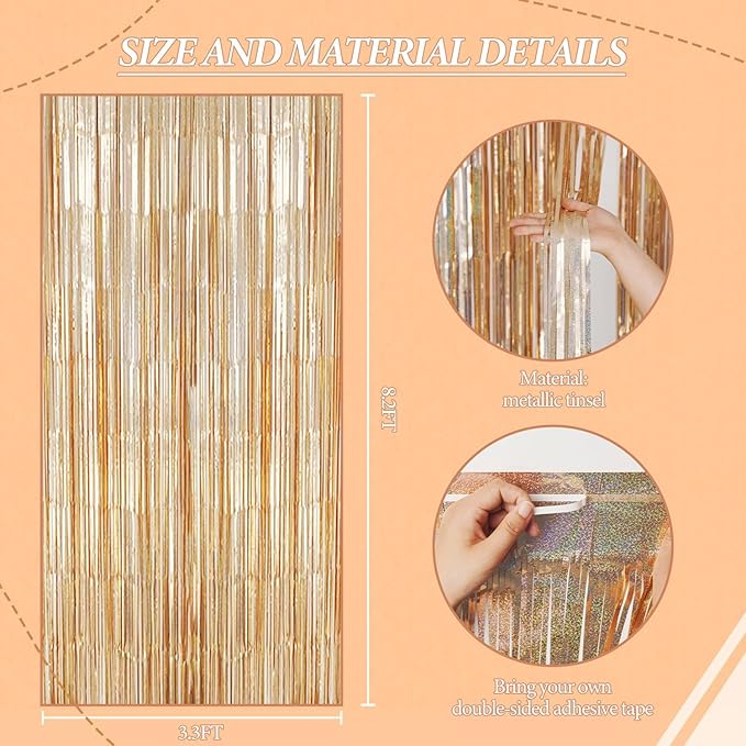 3 Pack Foil Fringe Backdrop - Laser Champagne Shiny Tinsel Curtains for Party Decoration/Photo Booth Props - 3.3x8.2 FT Metallic Foil Backdrop for Birthday, Wedding, Graduation, Christmas.
