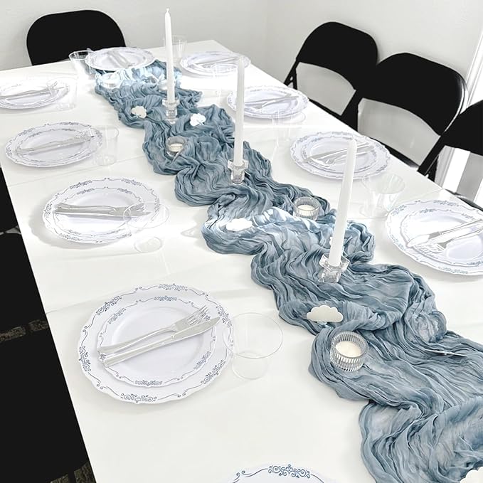 10 Pack Dusty Blue Cheesecloth Table Runner 35x120 Inch, Fall Thanksgiving 10FT Boho Gauze Cheese Cloth Table Runner Rustic Semi-Sheer Runner for Wedding Bridal Baby Shower Birthday Party Home Decor