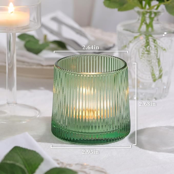 DARJEN Green Ribbed Tealight Votive Candle Holders Set of 10- Votive Candle Holders for Table Centerpiece, Tea Light Candle Holder Glass for Wedding and Home Decor, Green Decor and Gifts