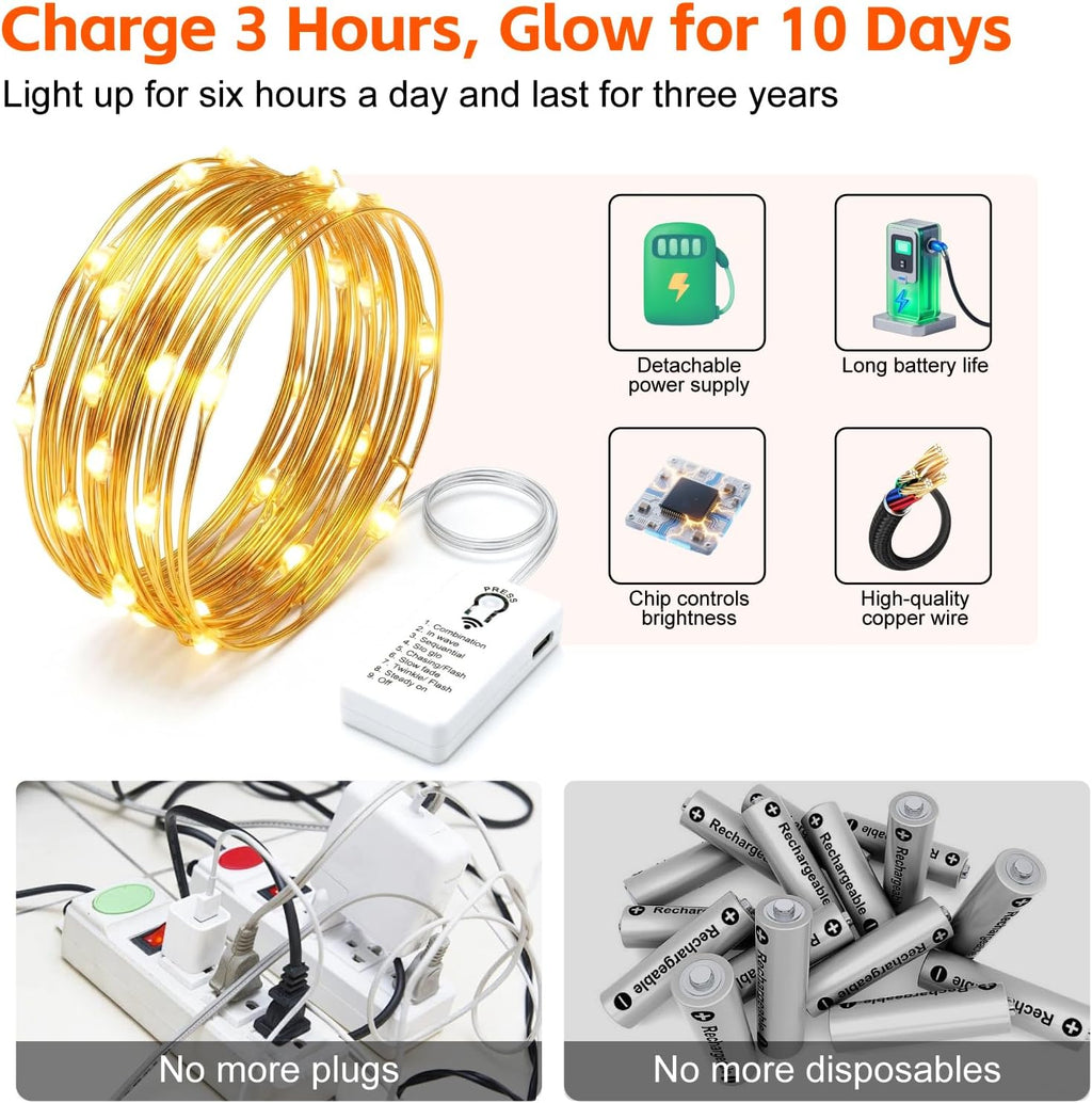 8 Pack Rechargeable LED Fairy Lights 7Ft 20LED Battery Operated | 8 Modes, Remote & DIY Timer Mini Twinkle String Lights for Indoor Christmas Wedding Mason Jar Bedroom Table