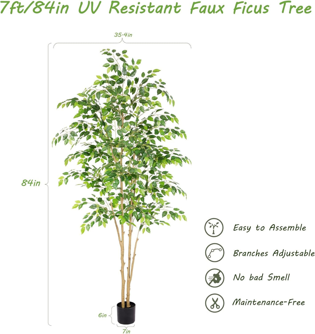 nafresh tall uv resistant ficus tree artificial，7ft(84in) realistic showing dimensions