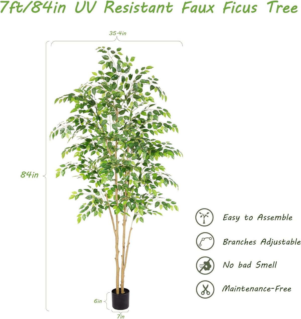 nafresh tall uv resistant ficus tree artificial，7ft(84in) realistic showing dimensions
