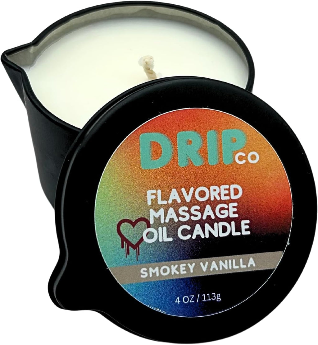 Drip Massage Candle 4 oz Smokey Vanilla, Pour on Skin, Couples Gift Item | Warms to oil for use on body, soy wax formula, aromatherapy scent, date night favor, home spa moment, bachelorette gift