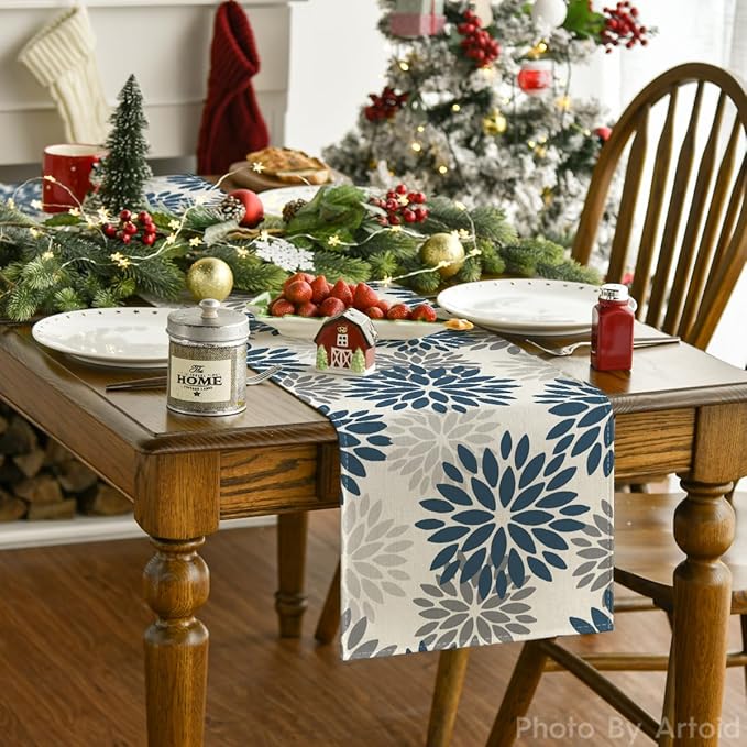 Artoid Mode Dahlia Aqua Floral Pinnata Flower Winter Table Runner, Seasonal Summer Holiday Kitchen Dining Table Decoration for Home Party Decor 13x36 Inch