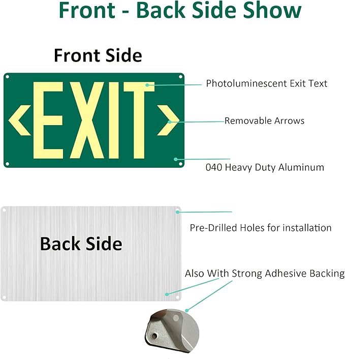 (2Pack) Photoluminescent Exit Sign, Glow In The Dark Aluminum Exit Sign Green - Adhesive Backing - 4pcs Removable Arrows Included - 14.25 x 7.5 Inches - Non Electrical Exit For 50 Feet Visibility