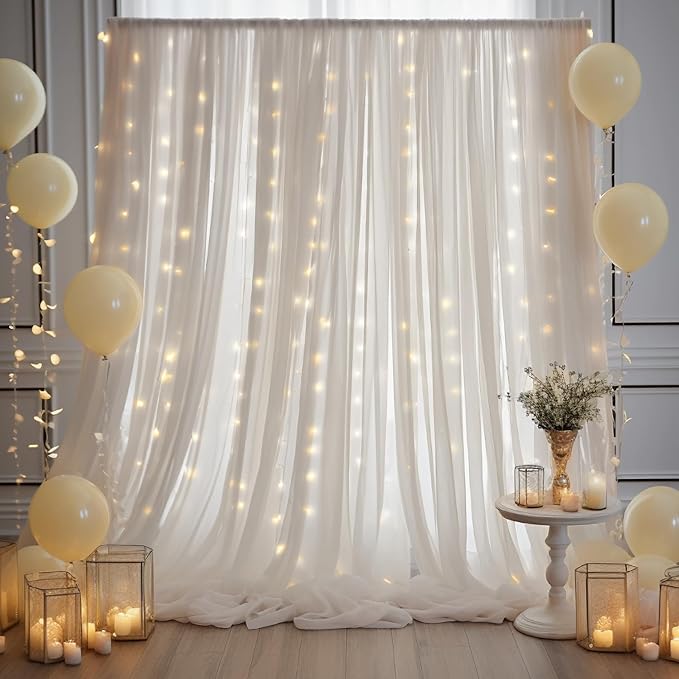10ft x 10ft Cream White Chiffon Backdrop Curtain with Lights String for Parites Wedding Wrinkle Free Curtain Photo Backdrops Drapes for Baby Shower Birthday Party Home Decorations