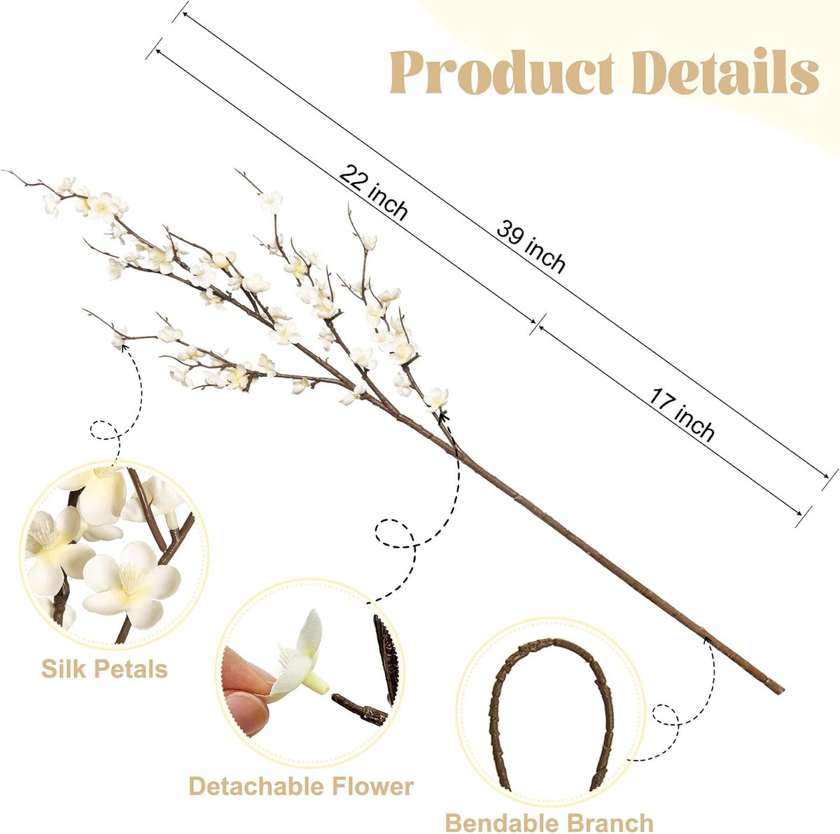 ammyoo 4pcs cherry blossom branches artificial flowers for, side view