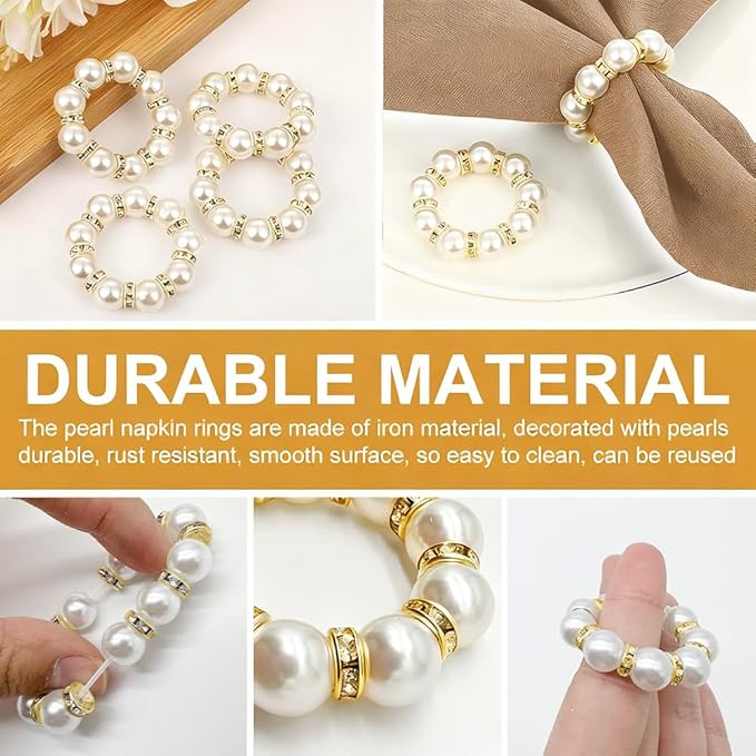 50Pcs Pearl Napkin Rings, Pink Beaded White Silver Round Buckles, Set of 6, Wedding and Formal Dinner Table Decor (50, Gold)