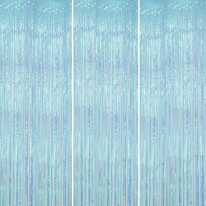 3 Pack Foil Fringe Backdrop - Transparent Blue Shiny Tinsel Curtains for Party Decoration/Photo Booth Props - 3.3x8.2FT Metallic Foil Backdrop for Birthday, Wedding, Graduation, Christmas