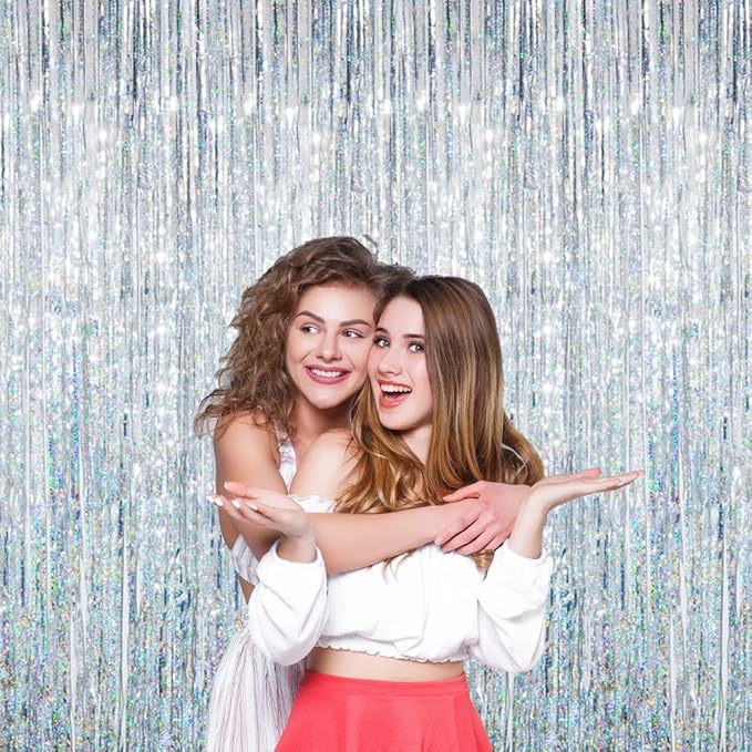 GOER 6.4 ft x 8.2 ft Metallic Tinsel Foil Fringe Curtains,Pack of 2 Party Streamer Backdrop for Birthday,Graduation Decorations and New Year Eve (Shiny Silver)