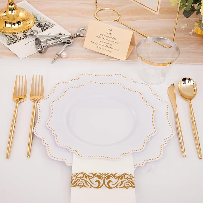 COLOSUS 175pcs Plastic Party Plates Disposable Plastic Dinnerware set. 25guests White Gold Dinner & Dessert Plates with Silverware Cups and Napkins for Party Dinner and Wedding