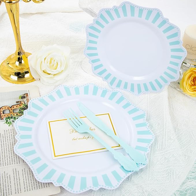COLOSUS 150pcs Disposable Blue and White Striped Easter Plastic Party Plates and Silverware set, Light Blue Dinner/Dessert Plates silverware serve 30guests for Birthday Wedding Party and Daily use.