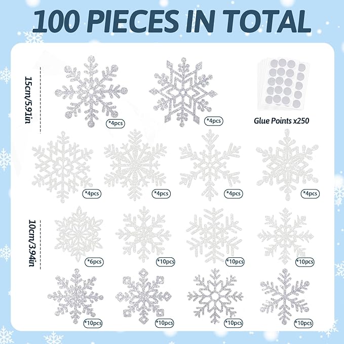 Winter Snowflake Cutouts Glitter Paper Snowflake Decorations - 100Pcs White and Silver Snow Flake Double-Side Christmas Cutouts for Holiday Winter Wonderland Bulletin Board, Frozen Party Decor