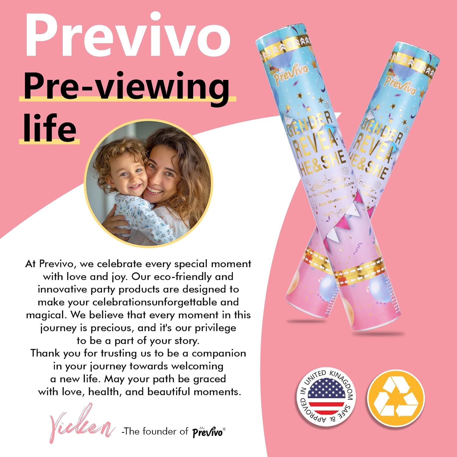 Previvo Gender Reveal Confetti Powder Cannon - 2 Pack Pink Baby Gender Reveal Poppers - 100% Biodegradable Powder Smoke - Baby Party Supplies