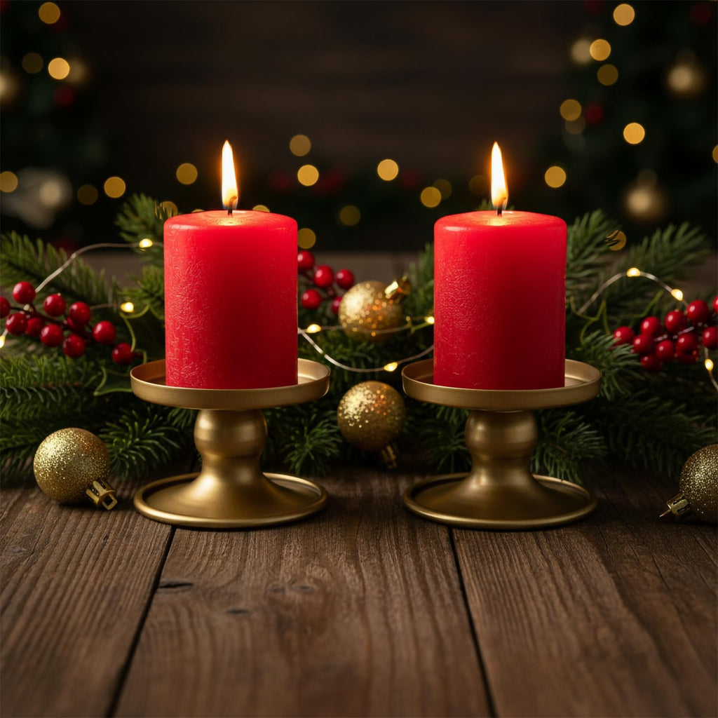 Reversible Gold Candle Holders Set of 2 for Pillar & Taper Candles | Metal Candle Trays For Pillar Candles Up To 3.2 In And Tapers Up To 0.9 In, For Tables, Weddings, Parties