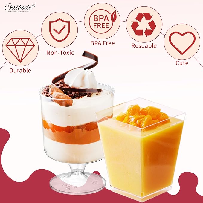 300 Packs Dessert Cups with Spoons, 5 OZ Mini Clear Plastic Disposable Parfait Cups, Small Serving Bowl for fruit ice cream pudding, Square Dessert Shot Glasses Round Goblets for Fall party