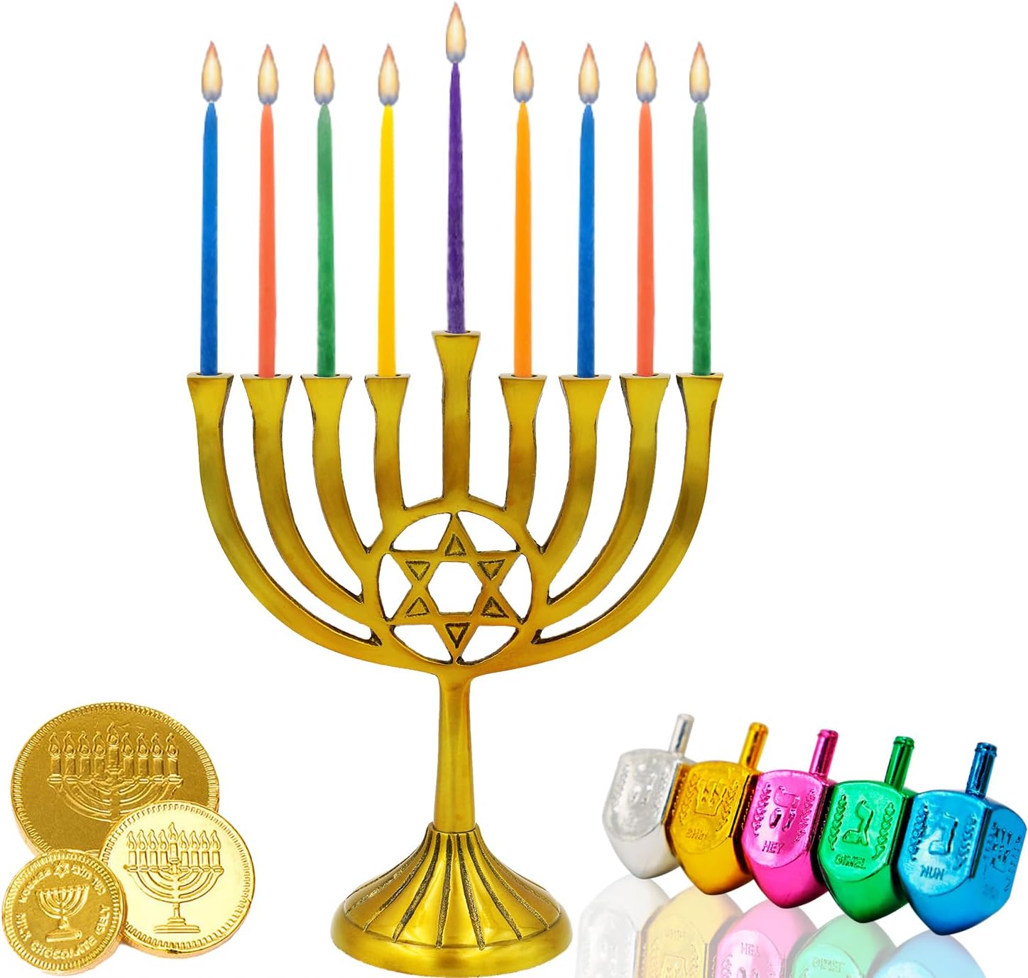 The Dreidel Company Dripless Hanukkah Candles Multicolored Beeswax, Hand-Made Striped Deluxe Tapered Decorations, Chanukkah Menorah Candles for All 8 Nights of Chanukah (Multicolor Beeswax)