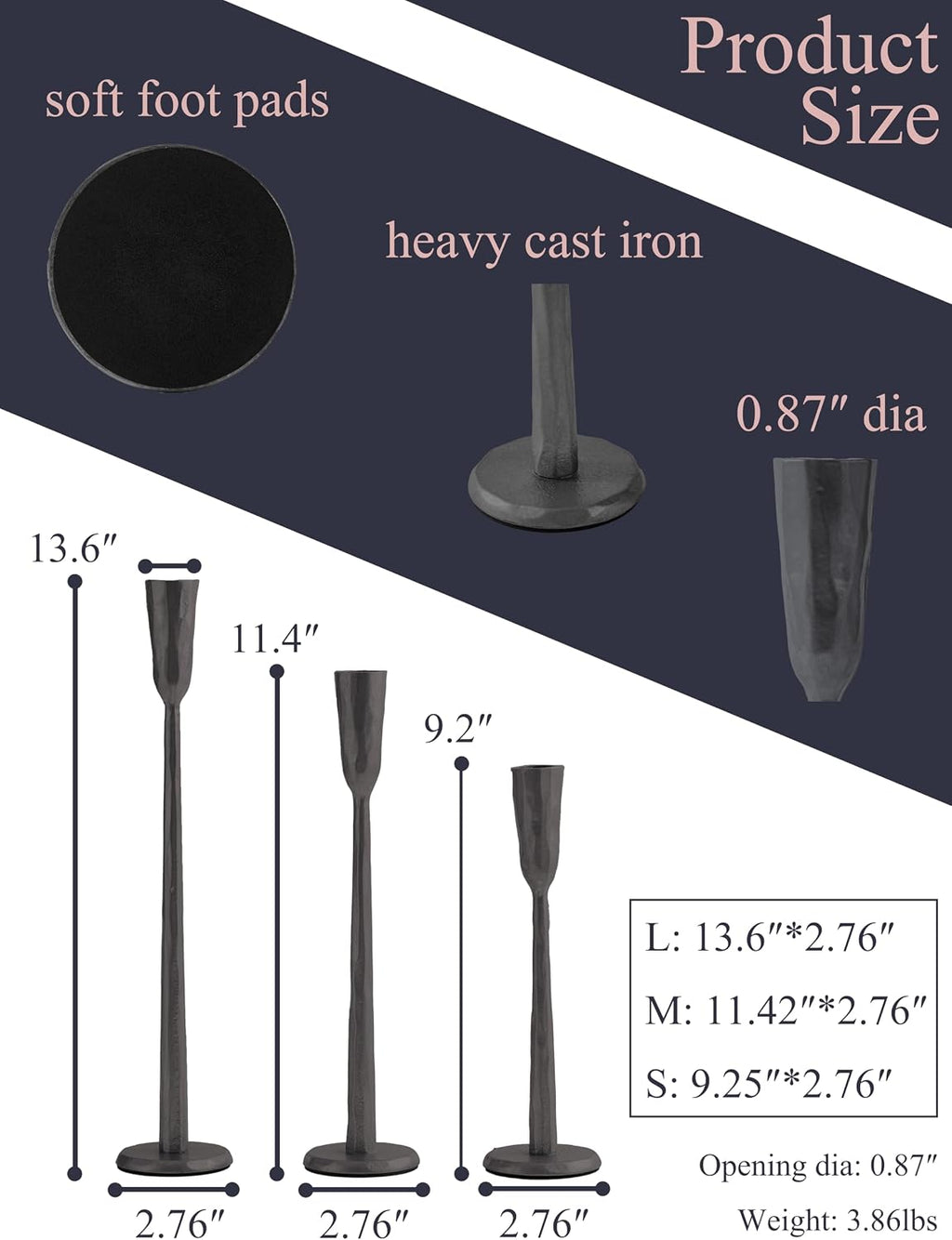 Black Iron Taper Candle Holder Set of 3, Heavy Wrought Iron Candlestick Holders Decorative Candle Stand, Vintage Candle Holder for Wedding, Dining, Home Decoration