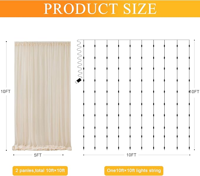 Fomcet Champagne Tulle Backdrop Curtains with Lights String 10FT X 10FT Sheer Curtain with Lights Tulle Curtains Backdrop for Wedding Birthday Party Photo Shoot (2 Panels 5x10FT)
