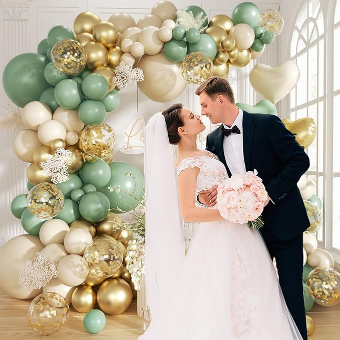 160Pcs Sage Green Gold Balloon Garland Arch Kit, Olive Green White Sand Gold Confetti Balloon with Heart Foil Balloons for Baby Shower Birthday Wedding Engagement Party Decorations