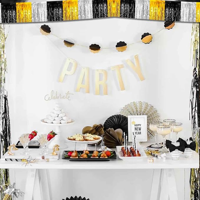 6 Pack 10 Feet Black Gold Silver Foil Fringe Garland Metallic Tinsel Streamers Banner Wall Hanging Backdrop Banner for Parade Floats, Thanksgiving, Christmas, Birthday, Halloween Party Decorations