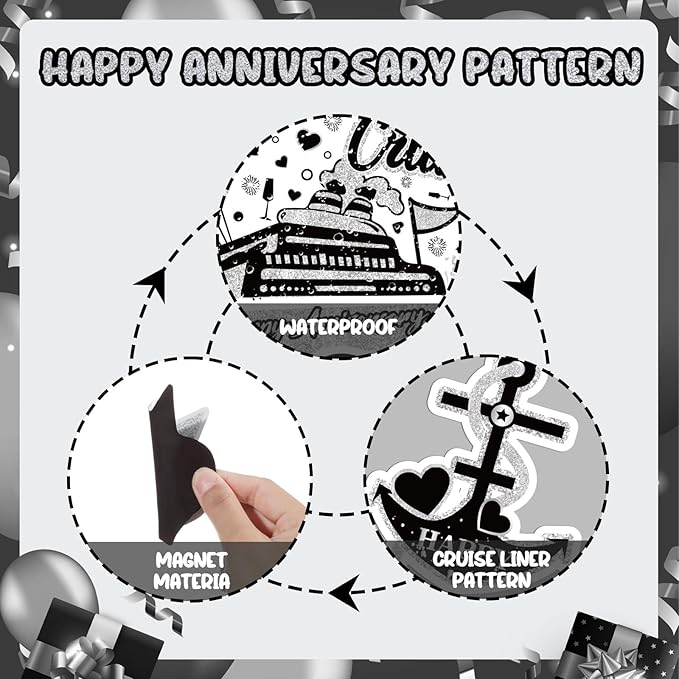 Happy Anniversary Cruise Door Magnets Decorations,Black Silver Happy Anniversary Cruise Ship Door Decor Magnetic for Married Men Women Wedding Party Refrigerator Fridge Car Kitchen Garage Personalized
