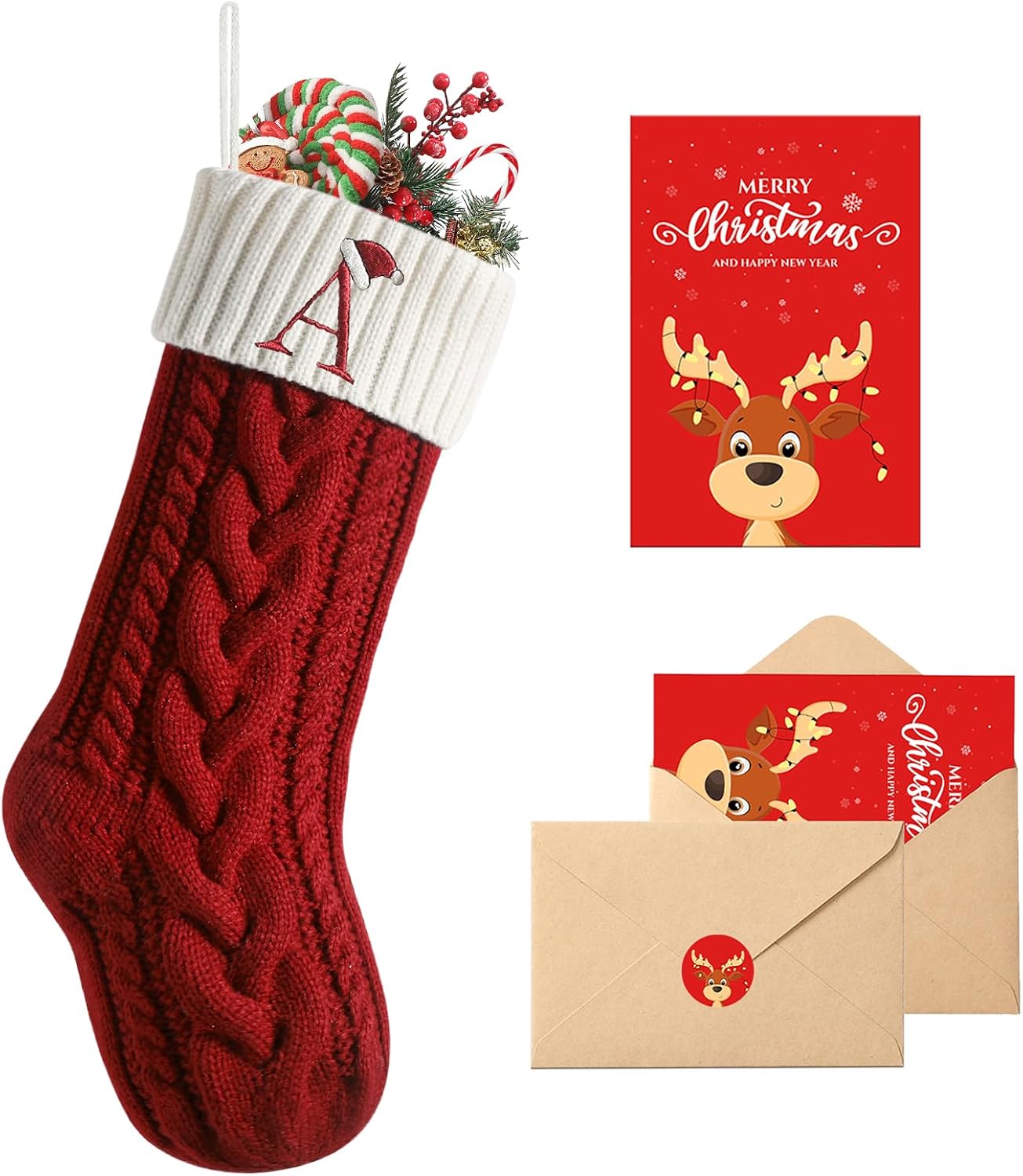 Christmas Stockings with Initials, 18" Large Embroidered Monogram Knit Family Christmas Stocking, Red Xmas Stocking for Kids, Christmas Decoration for Family Fireplace Holiday Party(Letter A)