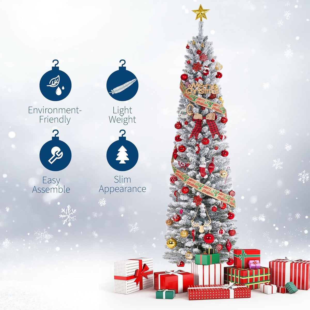 6ft flocked pencil christmas tree - pre-lit frosted, package contents