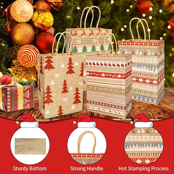 STPIYFZU Christmas Gift Bags, 25 Pack Small Christmas Gift Bags with Handles, Xmas Kraft Paper Bag Bulk with Tissue Paper, Xmas Holiday Present Bag (8.2" x 6" x 3.1")