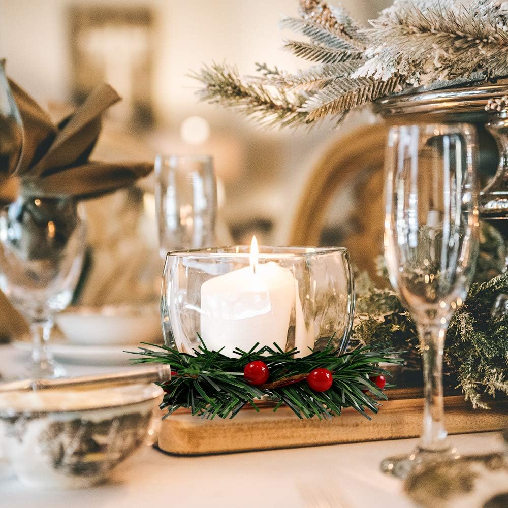 YBB 8Pcs Christmas Candle Rings, Small Artificial Red Berry Wreath Candle Holder Rings, Fits 3 Inch Pillars Candle Tapers for Rustic Wedding Centerpiece Christmas Table Decoration