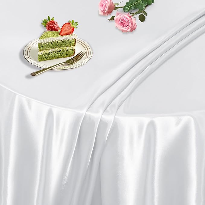 KKJIAF 1 Pack 60 Inch / 5ft Round Table Cloth, White Overlay Round Satin Table Cover, Silky Satin Dining Tablecloths for Wedding Buffet Parties Banquet Decoration