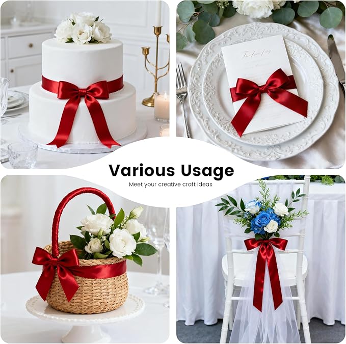 1-1/2 Inch 25 Yards Satin Ribbon Red, Solid Color Fabric Ribbon for Gift Wrapping, Wedding, Polyester Gift Ribbon for Birthday Party Decoration, Craft, Hair, Floral, Sewing