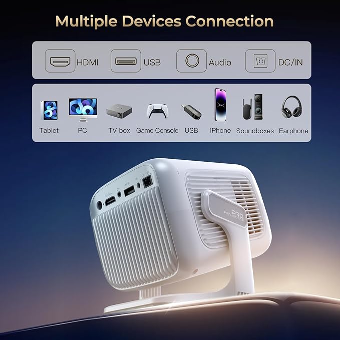 WEMI Native 1080P Smart Mini Projector with WiFi 6 Bluetooth 5.4, Full HD 4K Support Auto Focus&Keystone, Built-in Stereo Speakers Android OS, Portable Movie Projector for iPhone Netflix Home Theater