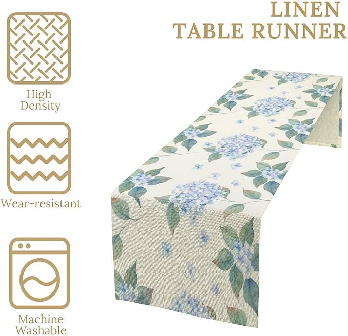 Spring Hydrangea Flower Table Runner, Seasonal Summer Plants Watercolor Blue Florals Dinner Runner for Home Kitchen Dining Table Party Holiday Decoration 13"x60"