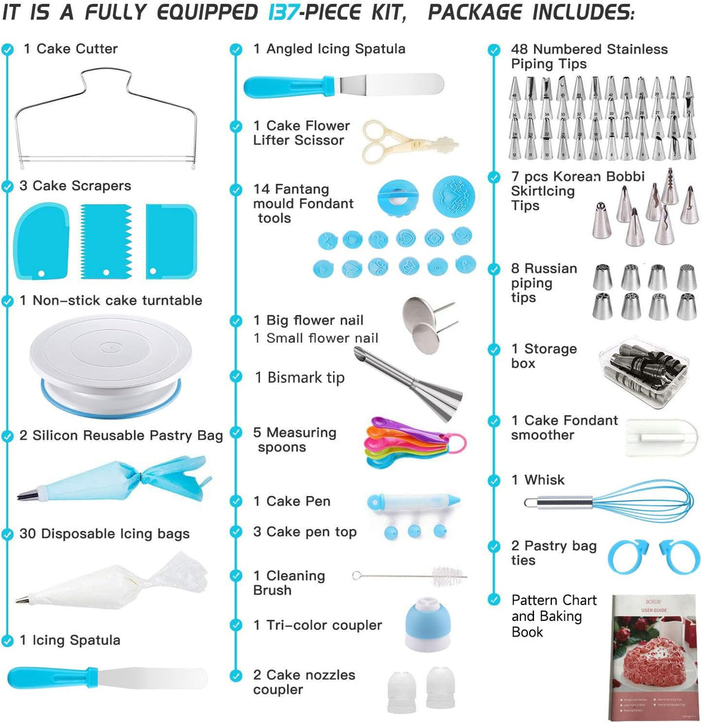 Cake Decorating Supplies Kit with Ebook, Cake Turntable for Decorating, 64 Icing Ping Tips, 32 Piping Bags,3 Icing Scrapers, 2 Spatulas, 14 Fondant Mould, Cake Leveler for Baking Beginners(Blue)