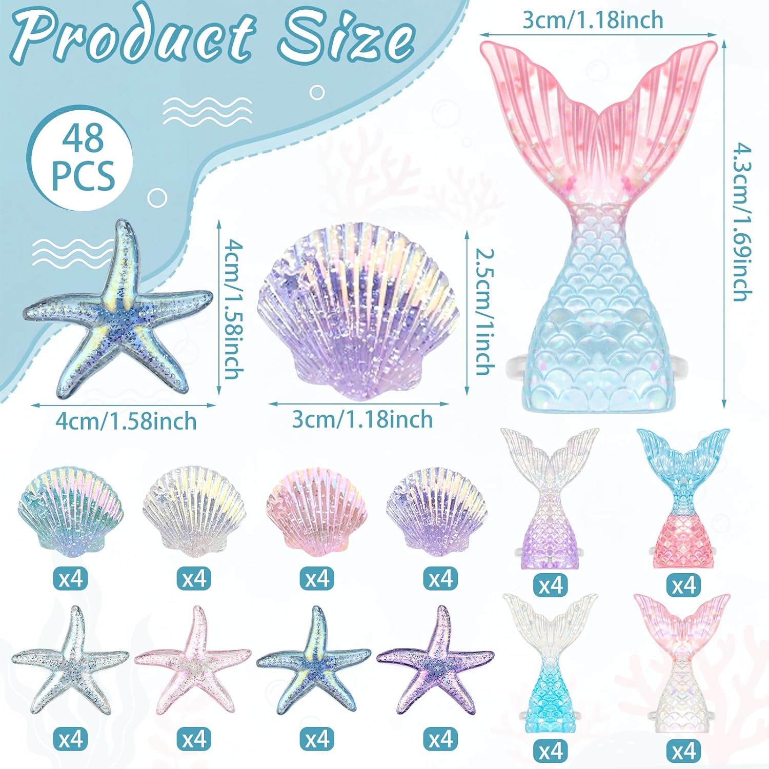 Kenning 48 Pcs Resin Mermaid Theme Cupcake Ring Toppers Seashell Mermaid Tail Starfish Cupcake Topper for Ocean Theme Birthday Party Cake Decorations Baby Shower Weeding Anniversary Sea Party Supplies