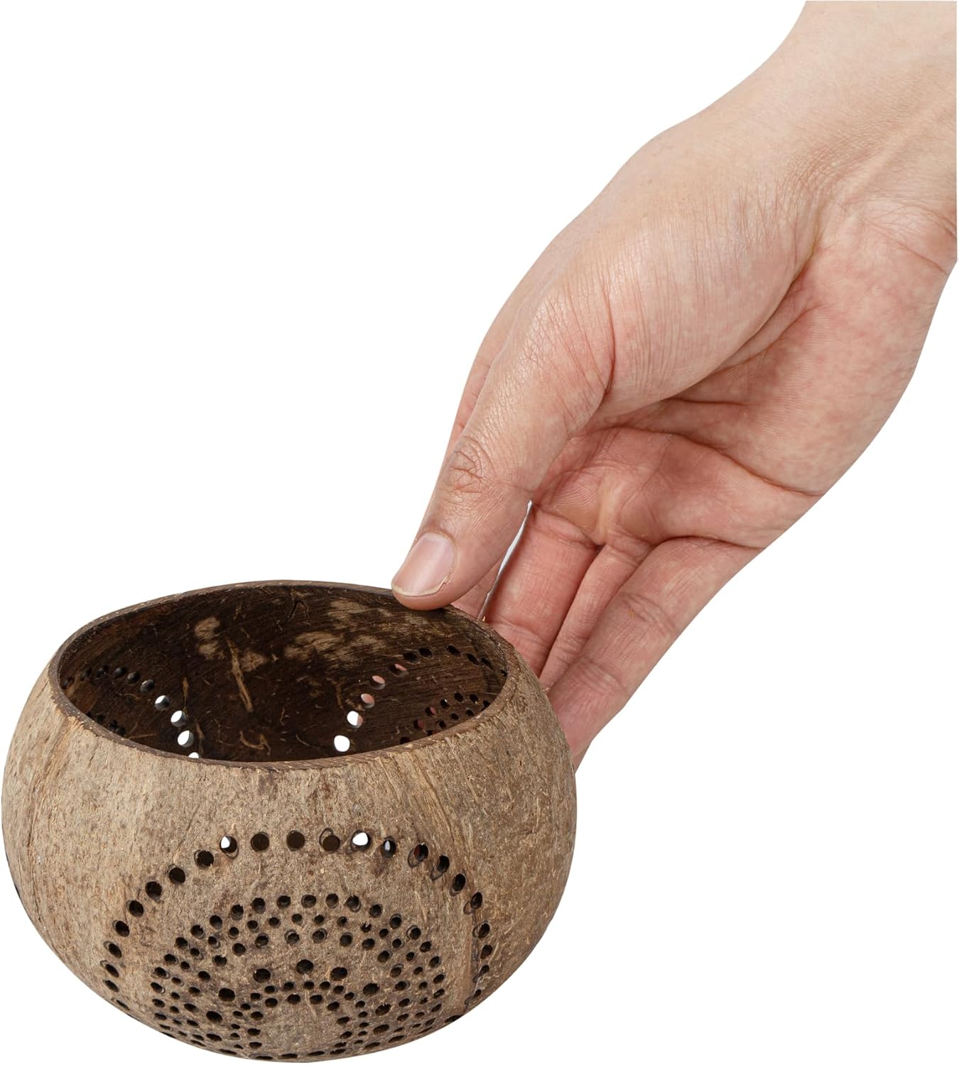 Restaurantware-Coco Casa 4 x 3.3 Inch Coconut Shell Candle Holders, 1 Reusable Tealight Holders - Candle Not Included, Rainbow Pattern, Tan Coconut Bowls for Candles, Handcrafted