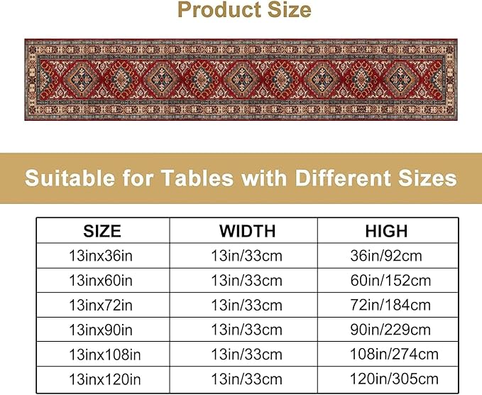 Boho Floral Vintage Table Runner, Red Grey Retro Flower Rustic Country Farmhouse Abstract Pattern for Home Kitchen Table Decor Dining Coffee Room Party Decor 13x108in